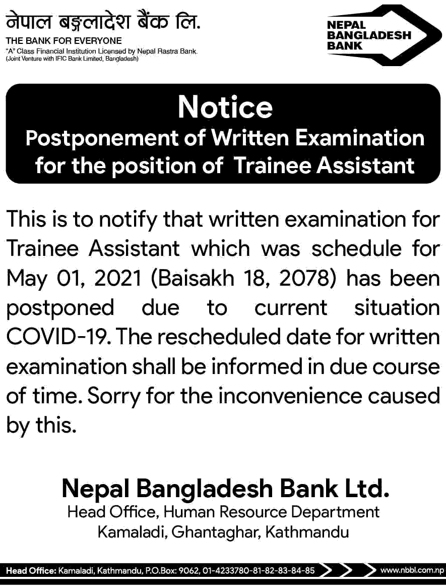 Nepal Bangladesh Bank Limited Postponement of Written Exam