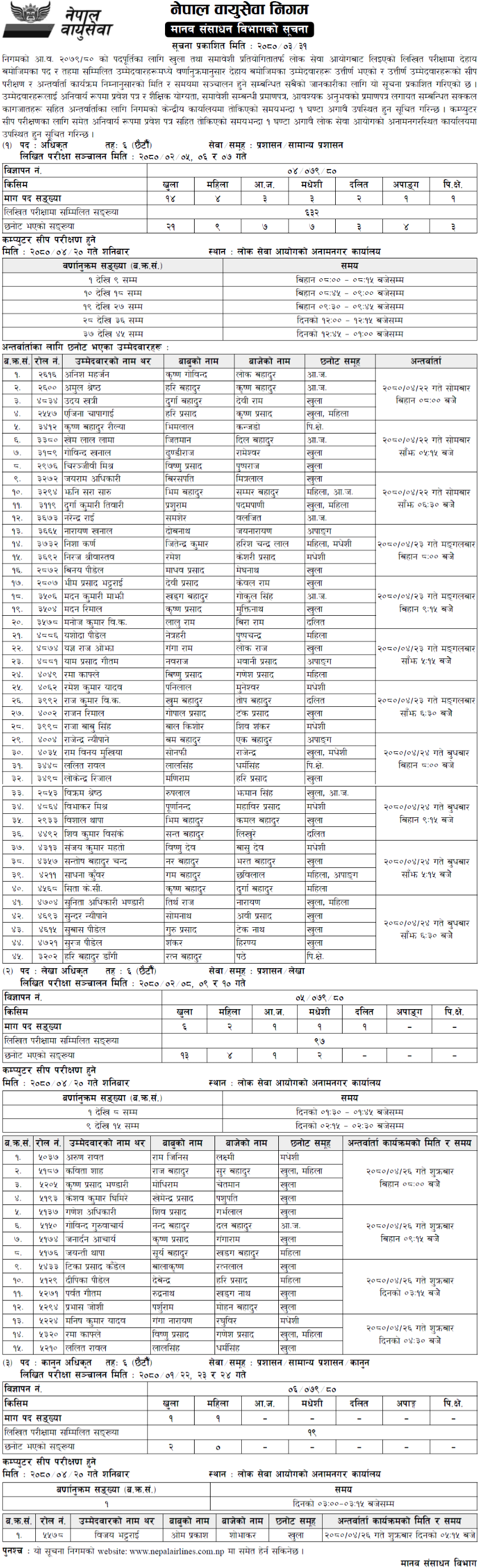 6th Level Officer Written Exam Result, Interview and Practical Date, Nepal Airline Corporation (NAC)